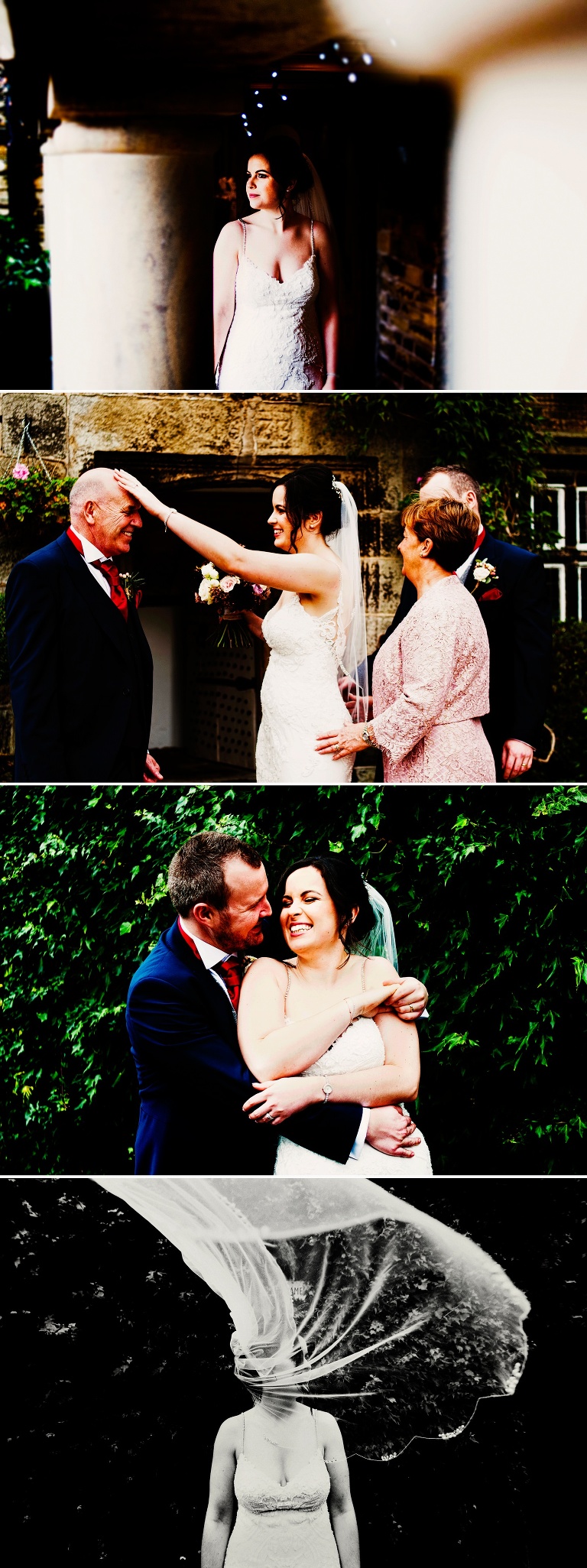 brides veil blowing in the wind at holdsworth house yorkshire.