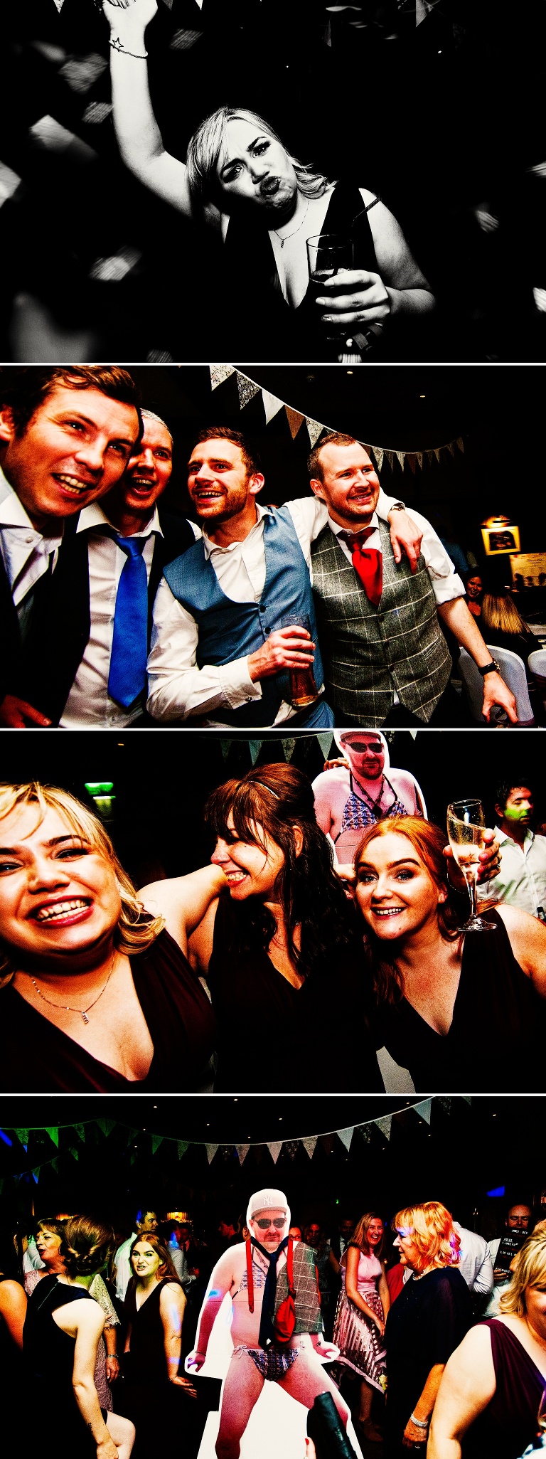 Three bridemsiads smiling and laughing at the camera.