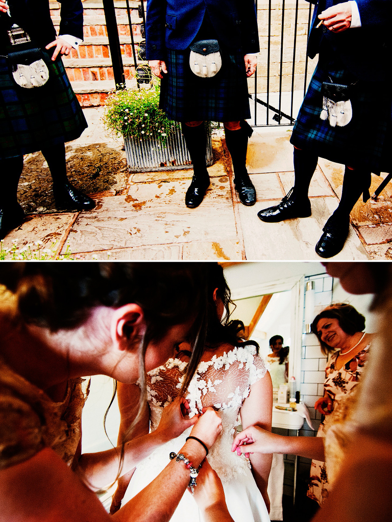 Groomsmen outdoor with tartan kilts with sporrans at Didsbury House summer wedding