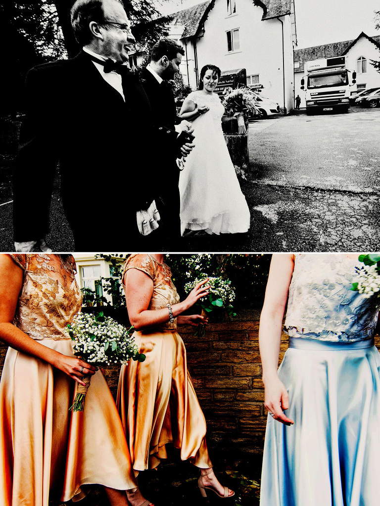 Bridesmaids wearing gold and blue dresses.