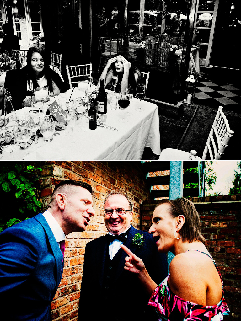 Summer wedding guests sitting outdoors
