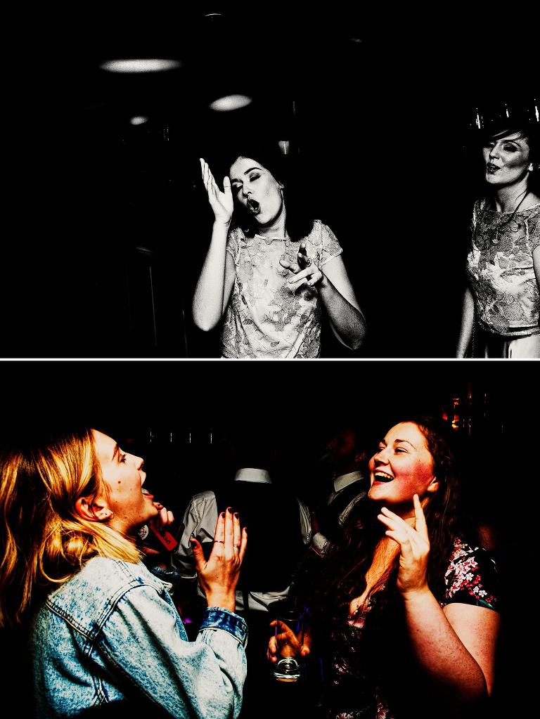 Colourful wedding reception with guests dancing at Eleven Didsbury Park.