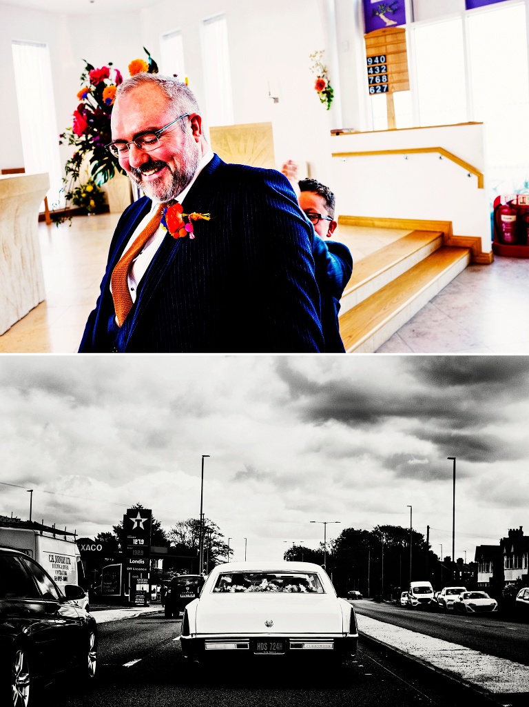White cadillac on the way to the wedding ceremony.