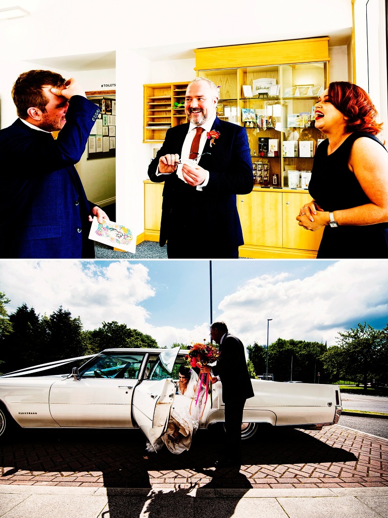 Bride arriving for her wedding in a Cadillac.