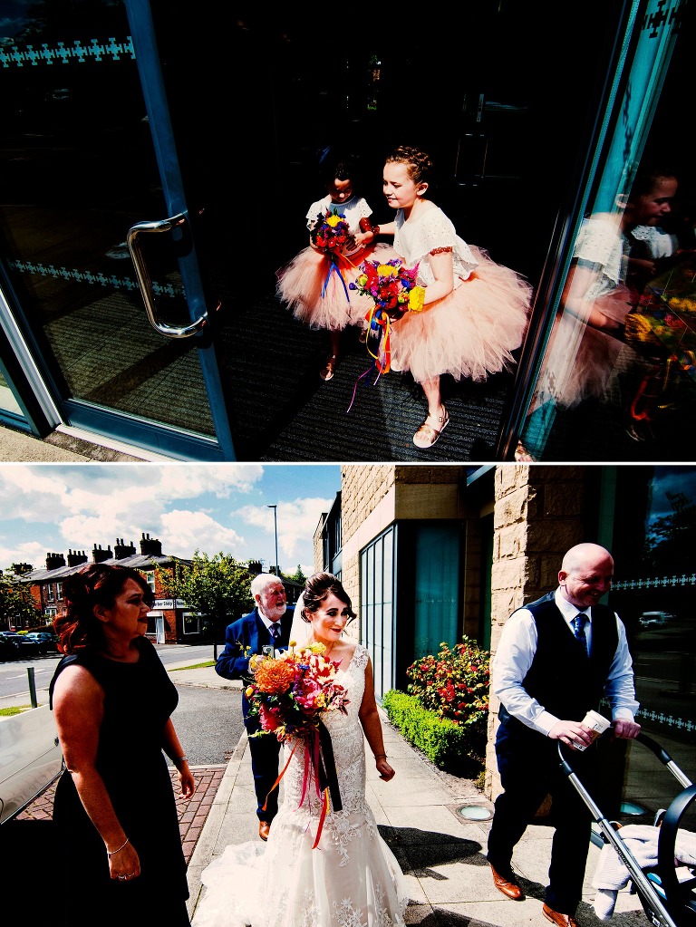 Young flower girls wearing pink tutus.