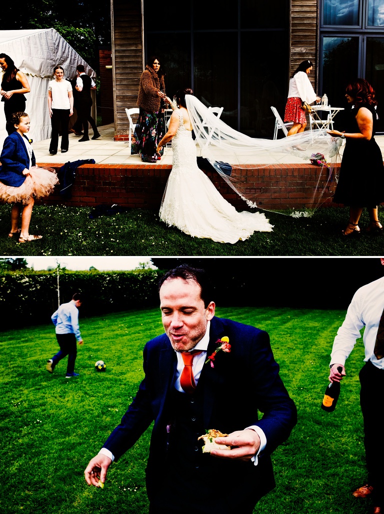The hall at marthall with wedding guests and bride.