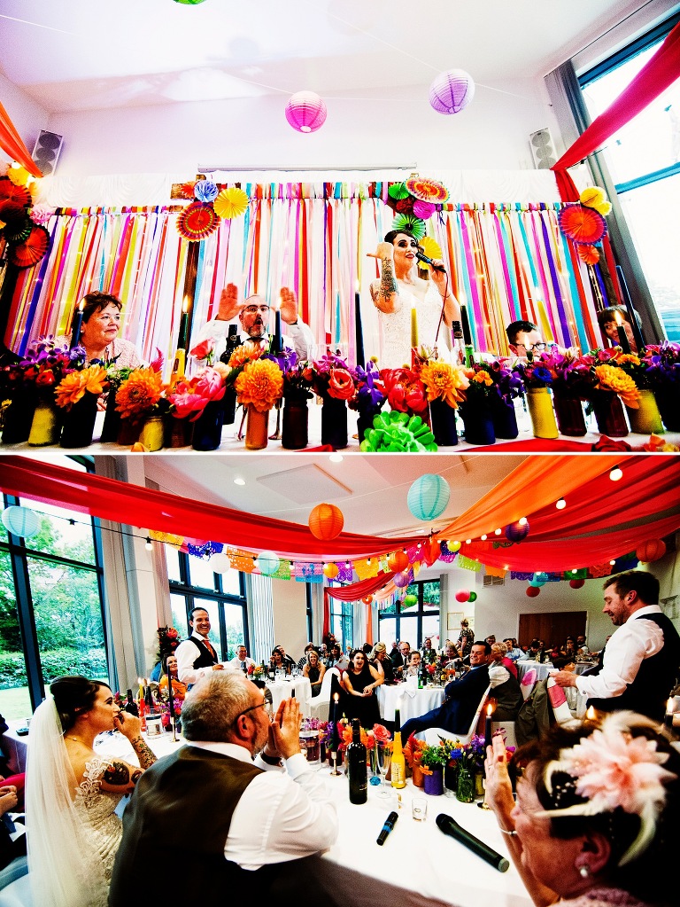 Fun speeches with vibrant mexican inspired wedding decor.