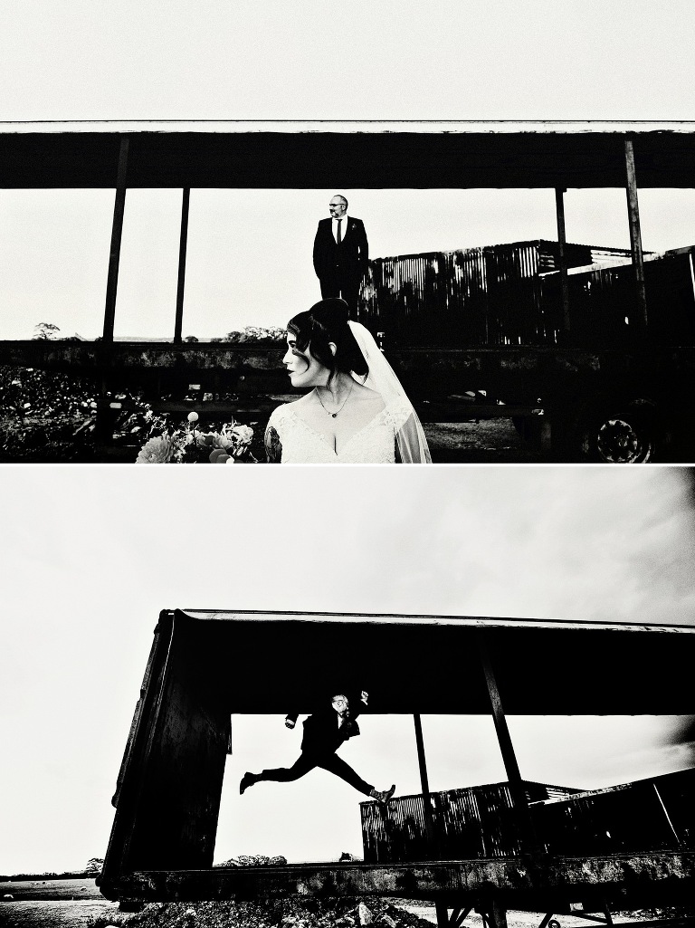 Cool black and white portraits of a bride and groom in cheshire.