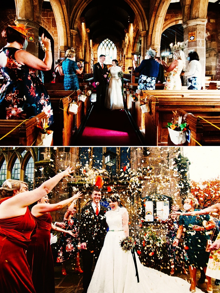 Confetti being thrown at St Michael's Church in Croston