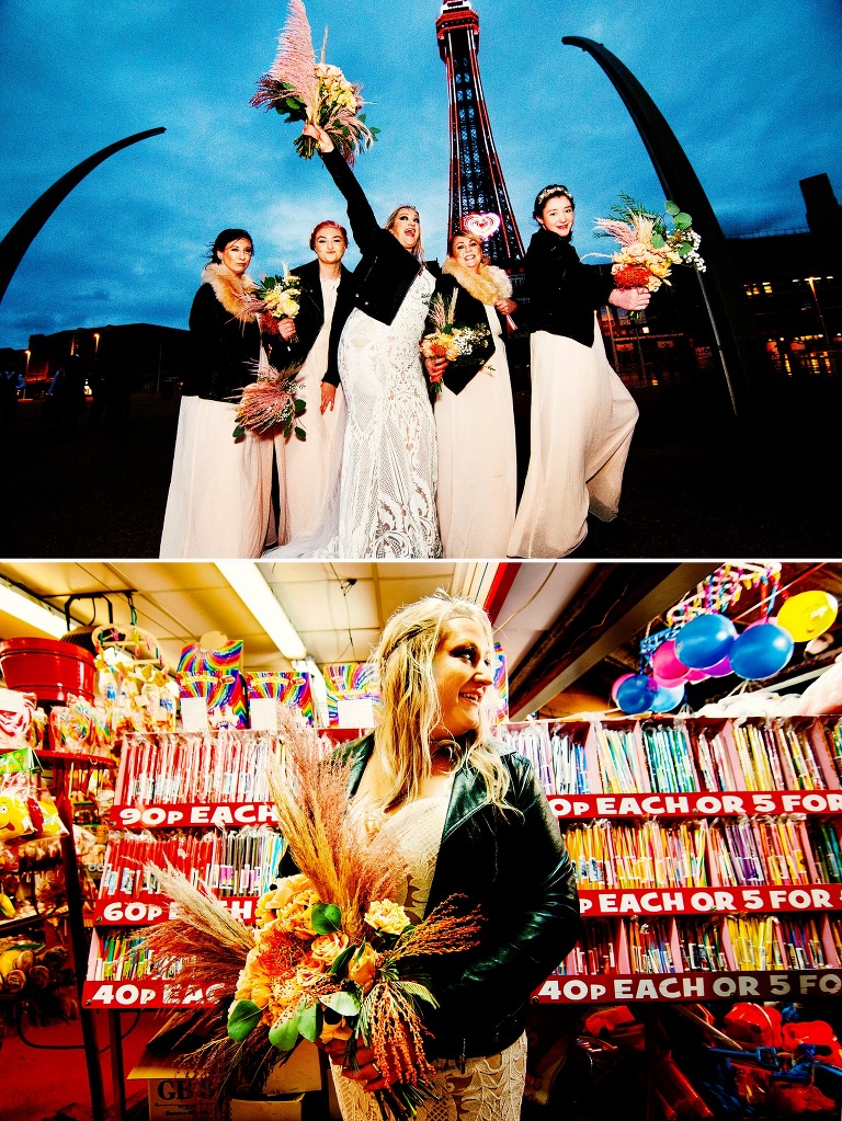 Bride and bridesmaids in front of blackpool tower during the illuminations.