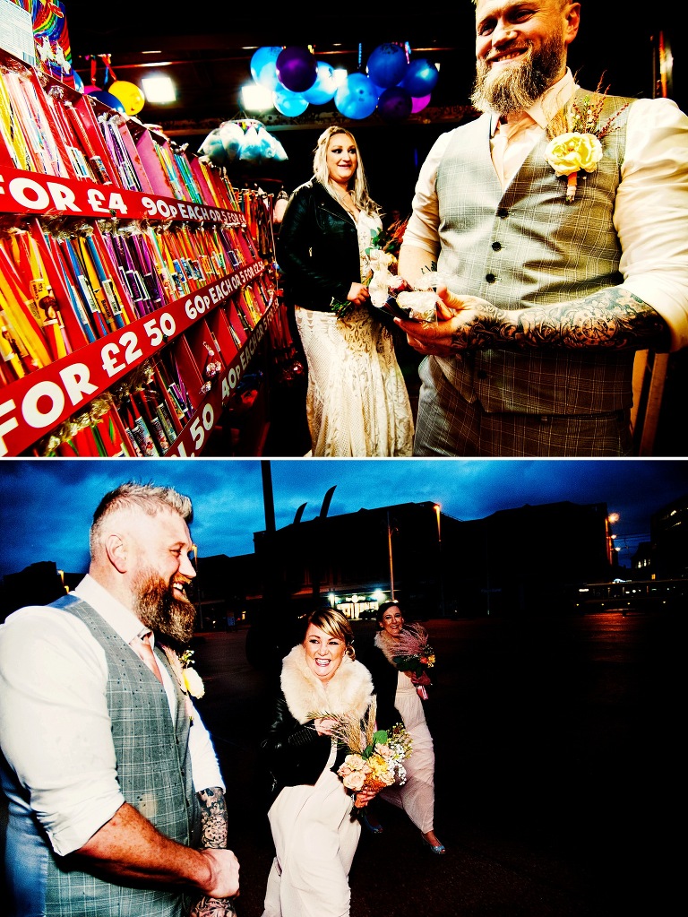 Bride and groom buying blackpool rock on their wedding day.
