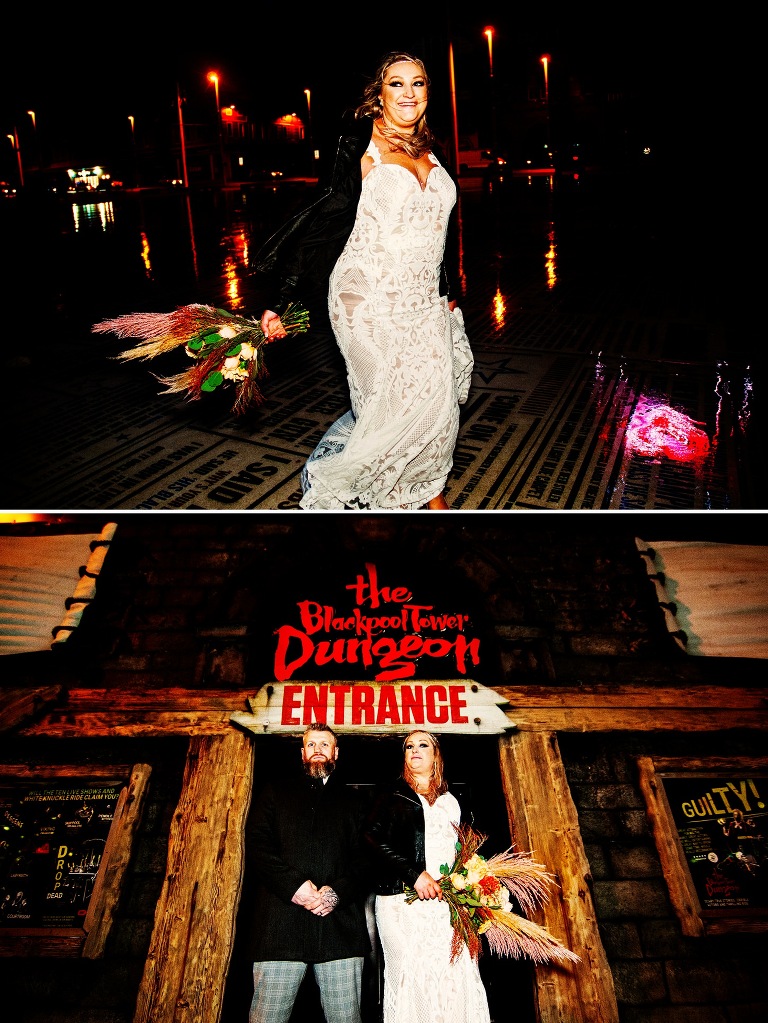 Bride and groom on their wedding day outside the blackpool tower dungeon.