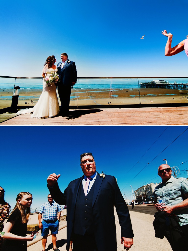 Blue skies on Blackpool promenade with bride and groom.