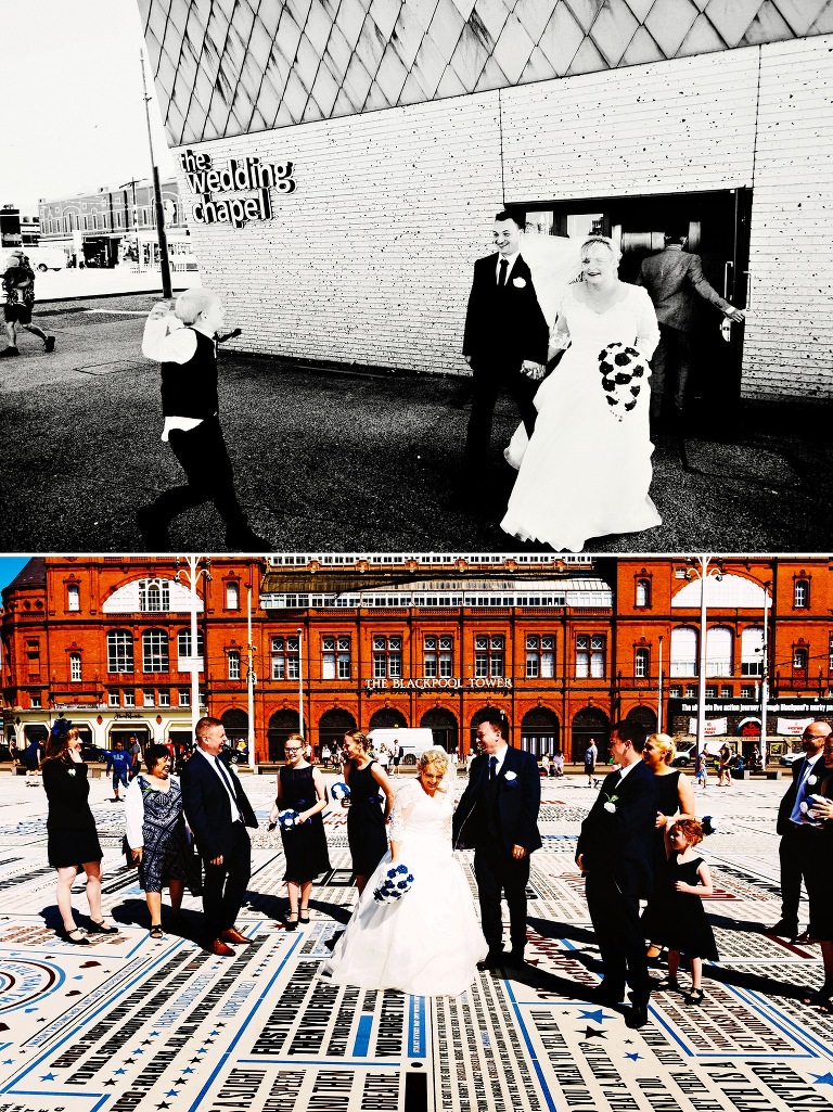 Bride and groom plus wedding party in front of Blackpool Tower.