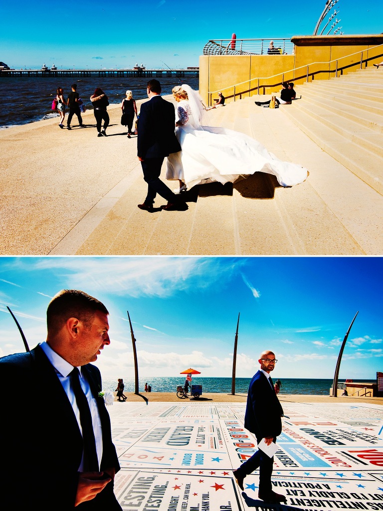 Comedy Carpet plus best men at a north pier wedding.