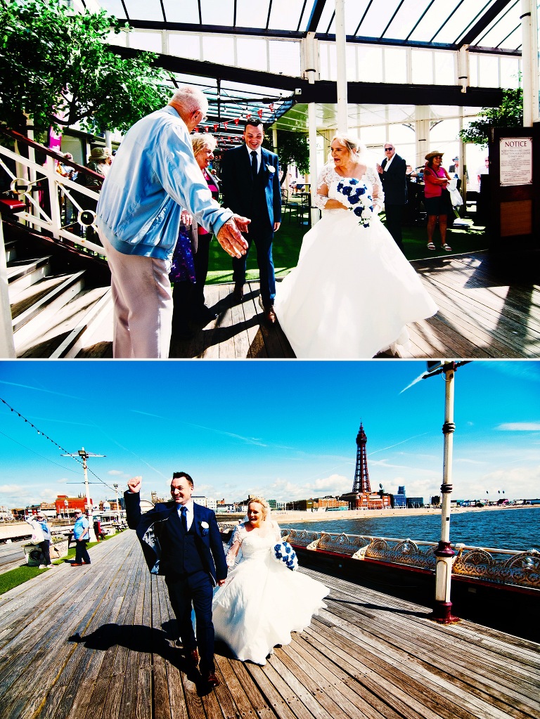 North Pier wedding with bride and groom being congratulated.