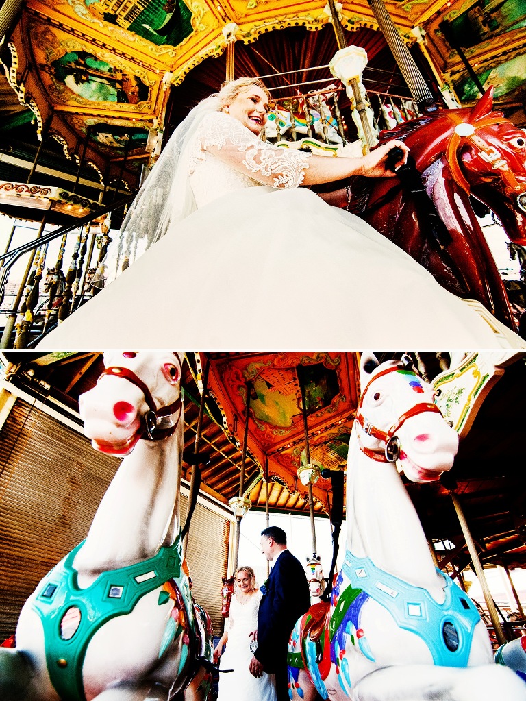 A bride riding the horse carousel on North Pier.