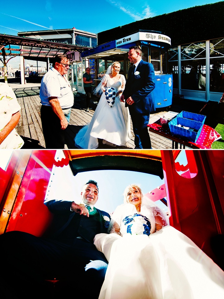 Train ride for bride and groom on their north pier wedding day, Blackpool.