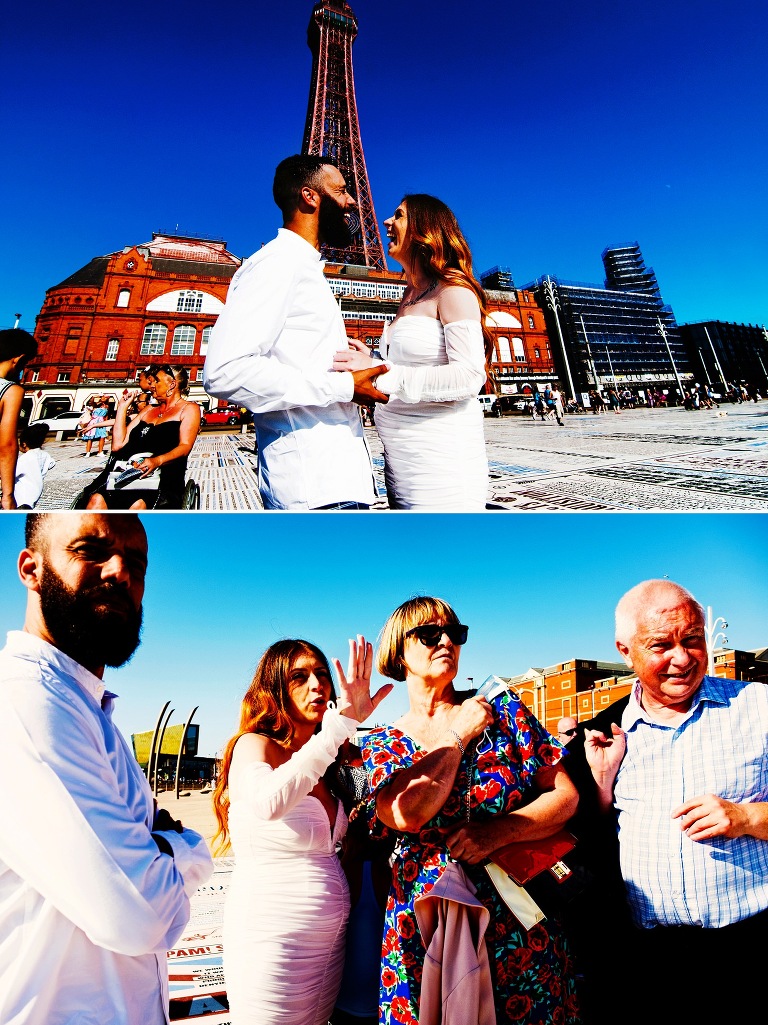 Just married bride and groom on comedy carpet.