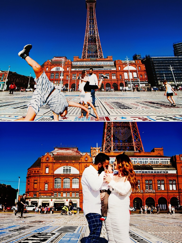 Bride and groom in front of Blackpool Tower on the comedy carpet.
