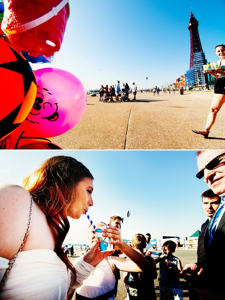 Bride drinking a slush puppie on the promenade.