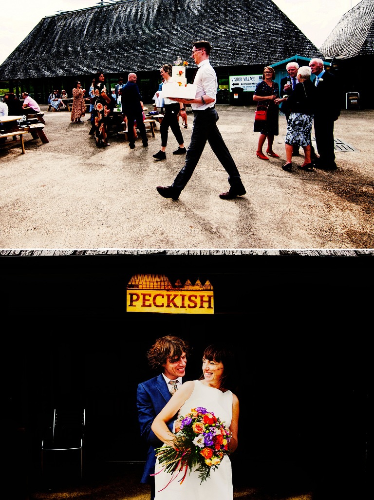 Cake delivery and bride and groom portrait at Brockholes.