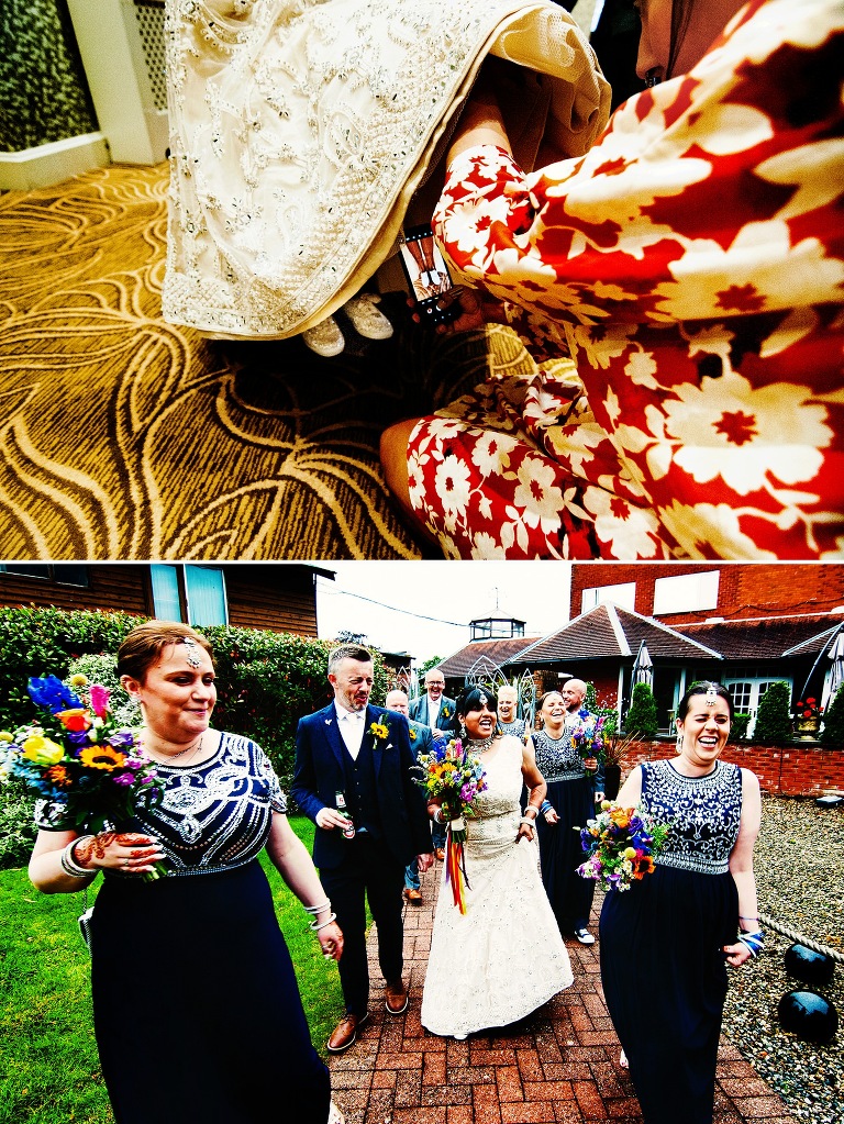 Bride and groom with bridesmaids in the walled garden at barton manor hotel.