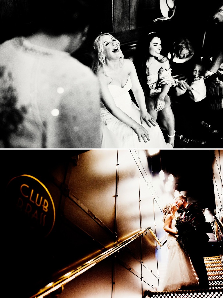 Wedding couple on the stairs of Club Brass in Manchester.
