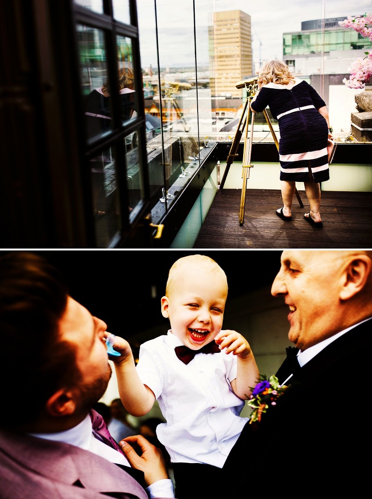 Hotel Gotham wedding and guests in the roof terrace bar.