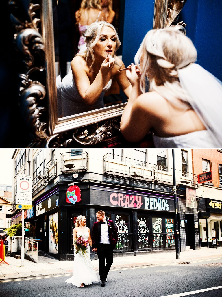 Bride and groom crossing road in front of Pedros in Manchester City centre.