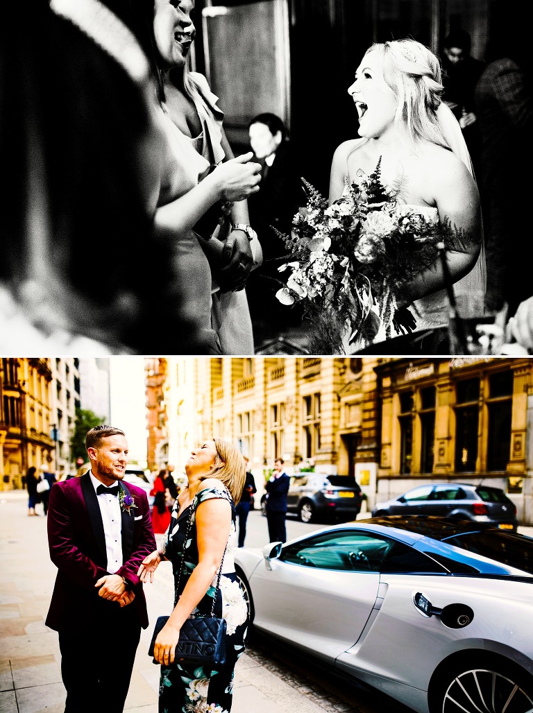 Groom with guest laughing outside Hotel Gotham.