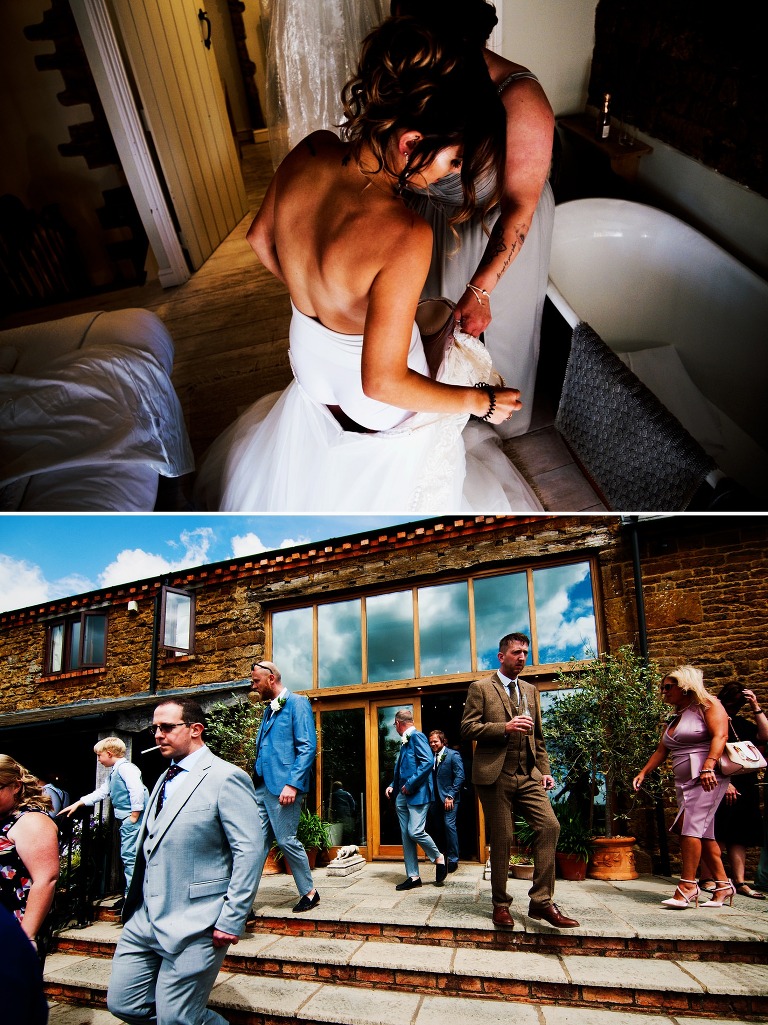 Bride getting her wedding dress on at Crockwell Farm.