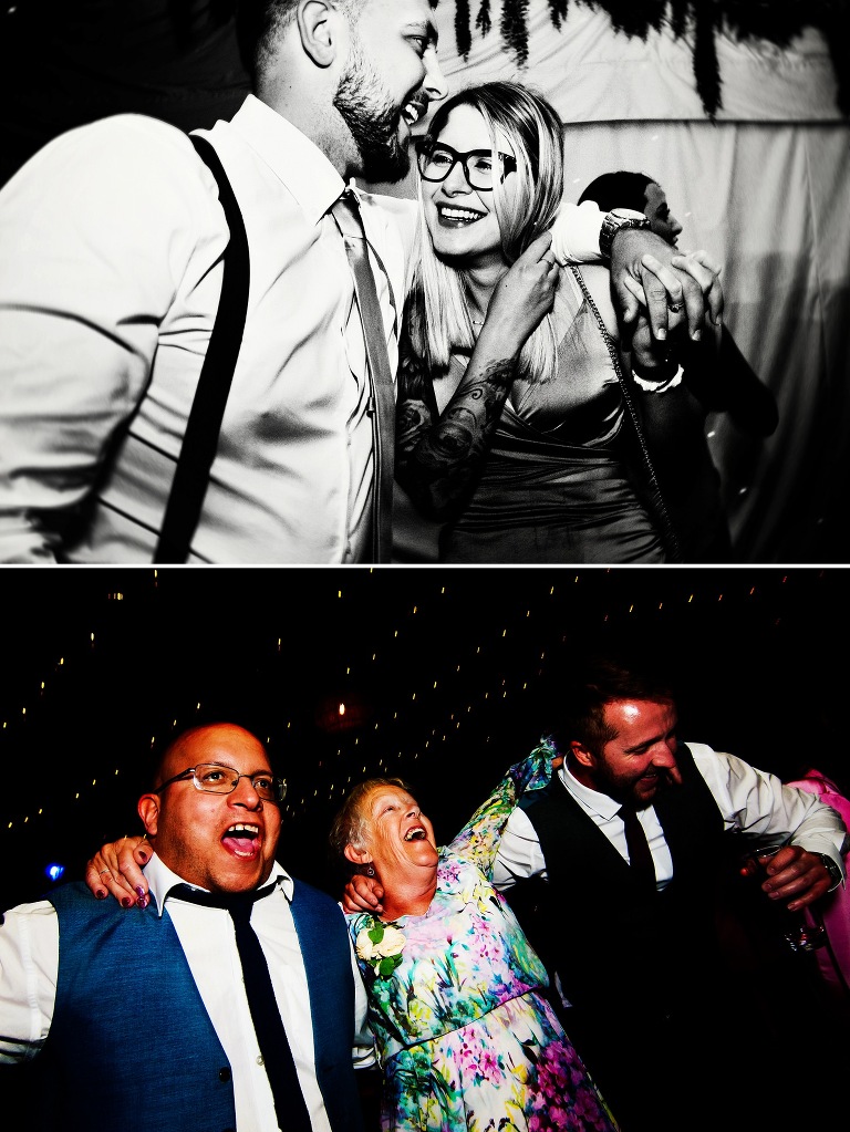 Wedding guests dancing at a farm wedding.