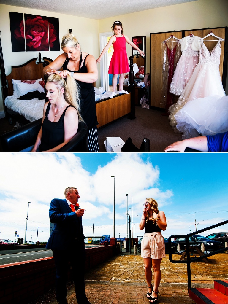 Bride having her hair done at the Savoy in Blackpool.