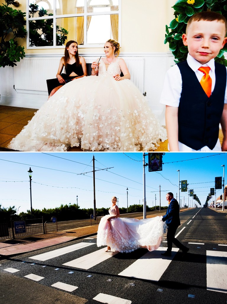 Portrait of bride and groom on a zebra crossing in Blackpool.