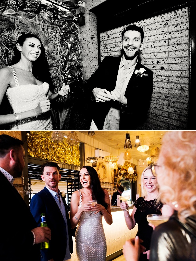 Black and white portrait of bride and groom at the beach house bistro in Blackpool.