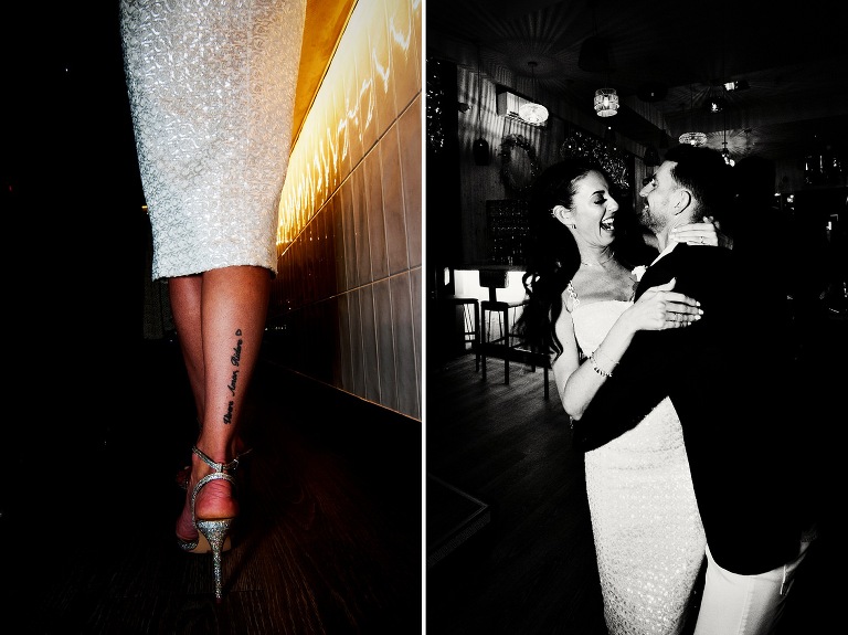 Edgy and cool black and white portrait of a bride and groom at the beach house bistro on Blackpool promenade.