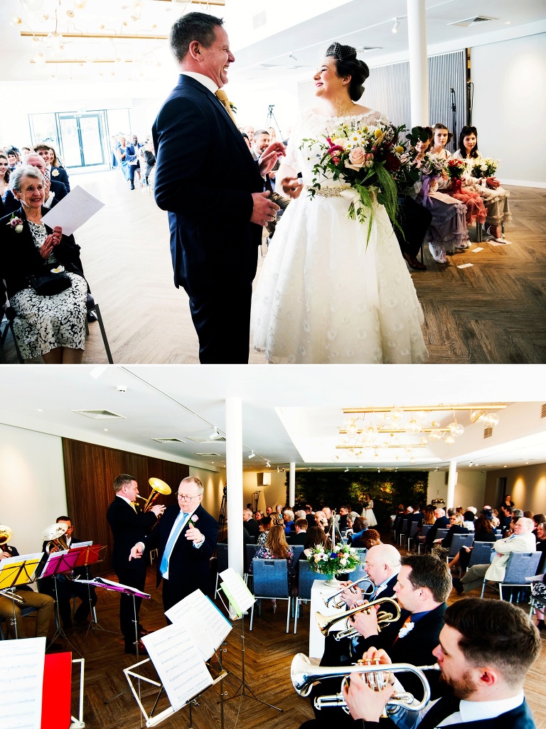 Leyland Brass Band playing at an Albert's Standish wedding ceremony.