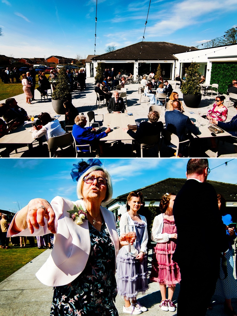 Guests outside in glorious weather for a wedding at albert's Standish.