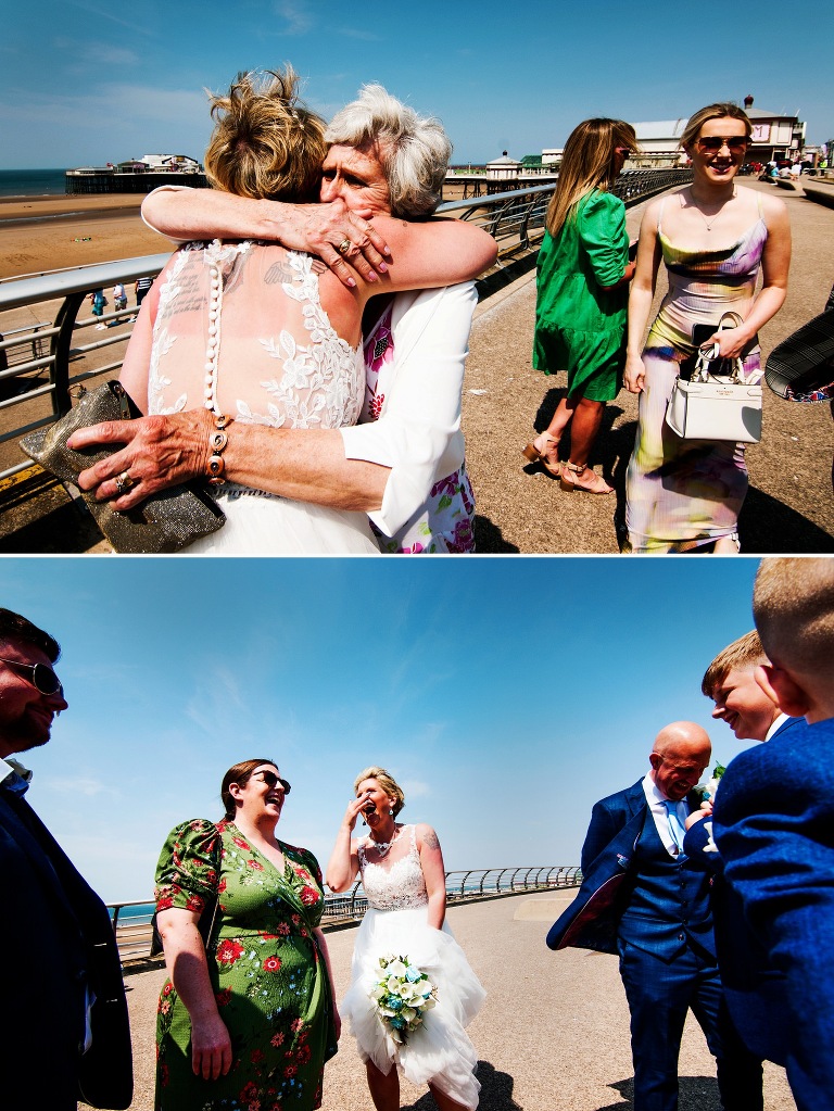 Guests congratulating the bride at her blackpool promenade wedding.