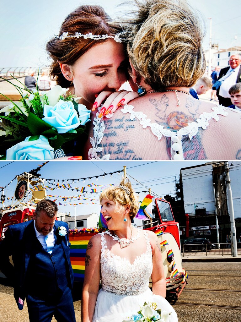 Bride being hugged by bridesmaid in blackpool.