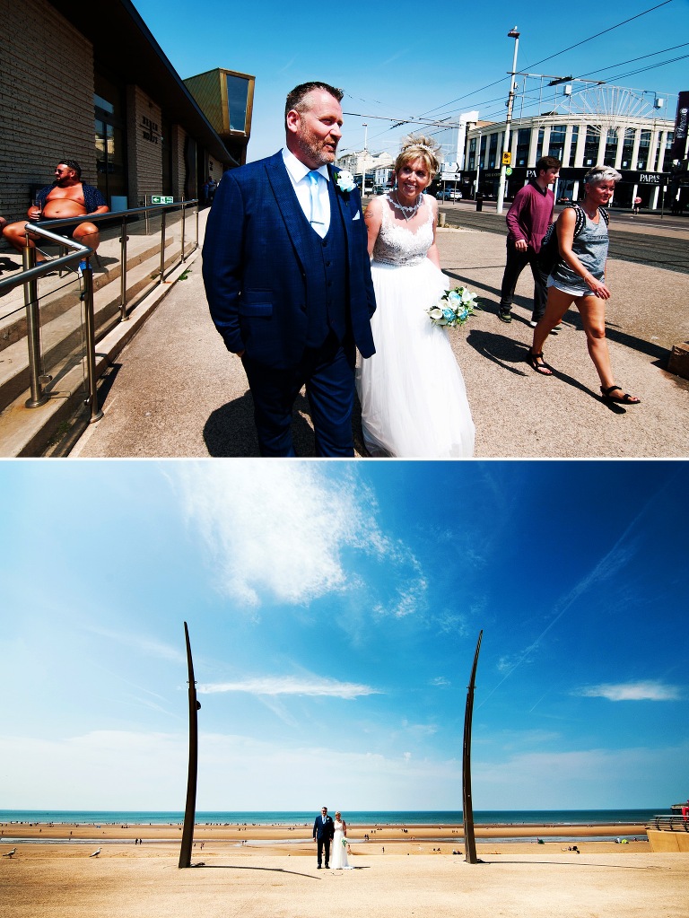 Bride and groom colourful wedding portraits on the comedy carpte in blackpool.