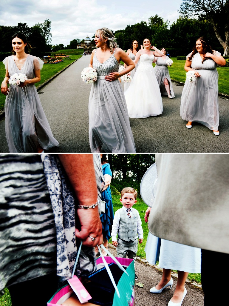 Bridesmaids walking in Mesnes Park, wigan.