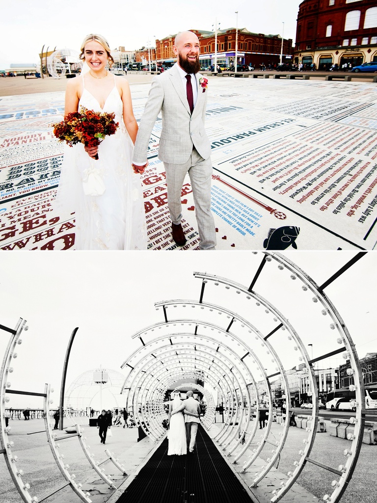 Bride and groom on blackpool promendae.