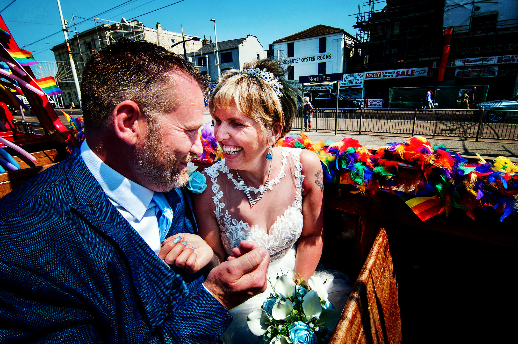 bride and groom on blackpool tram