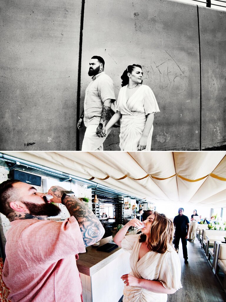 Bride and groom drinking shots at The Beach House Bistro in Blackpool.